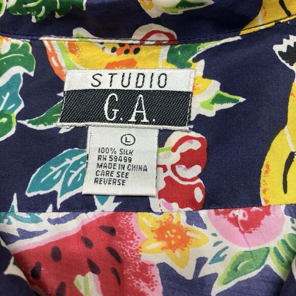Vintage 90s 100% Silk Colorful Fruit Print Button Down Shirt Women’s Size L - Picture 7 of 11